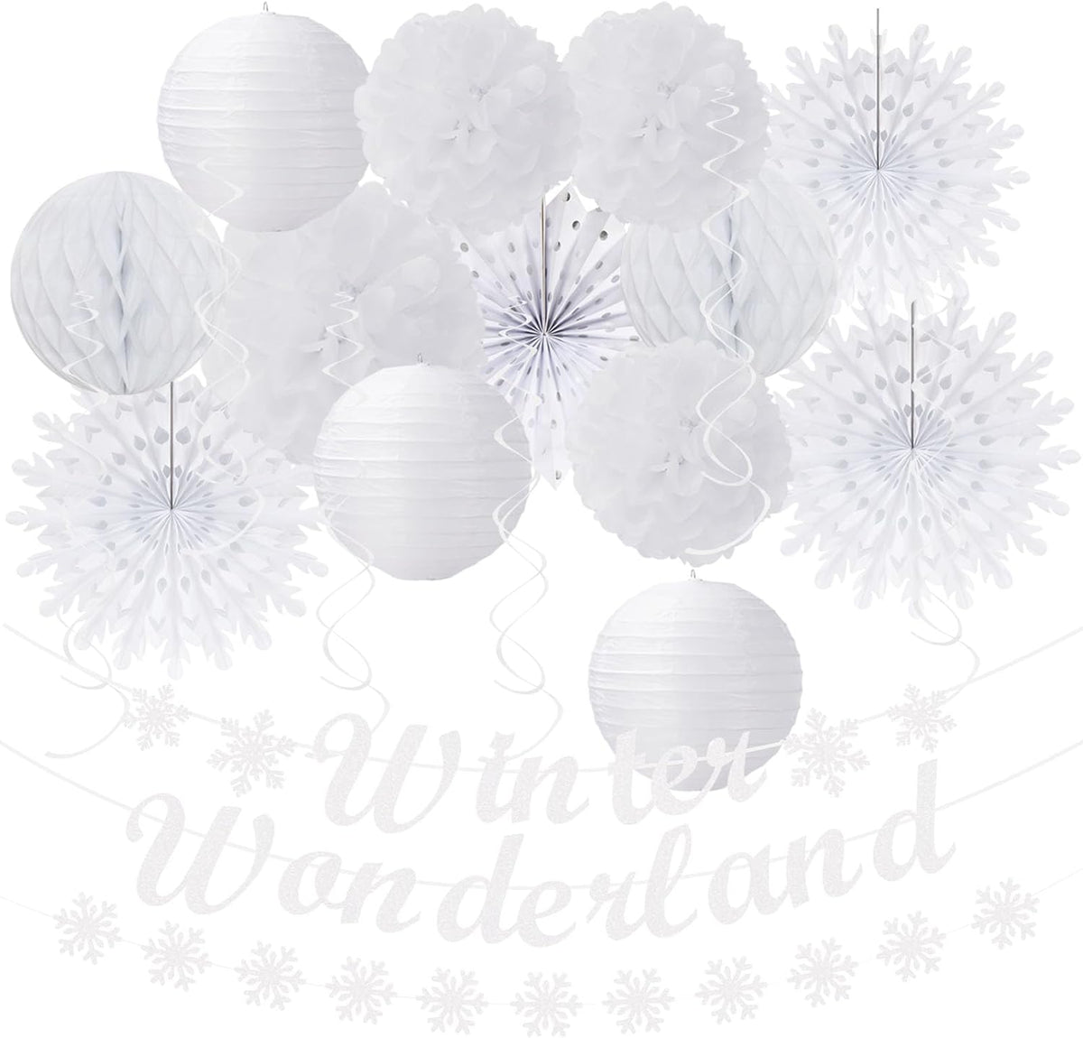 Winter-Wonderland Christmas-Snowflake White Party-Decorations - 21pcs Wedding Baby Shower Snow Banner,Paper Lanterns Honeycomb Streamers,Tissue Pom Poms Flower Fan,Classroom Hanging Decor Huglony