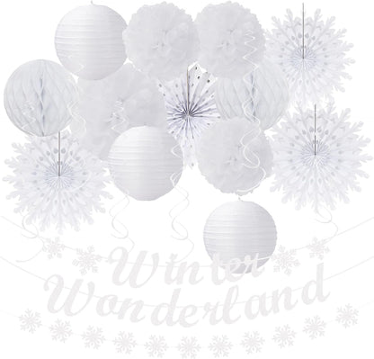 Winter-Wonderland Christmas-Snowflake White Party-Decorations - 21pcs Wedding Baby Shower Snow Banner,Paper Lanterns Honeycomb Streamers,Tissue Pom Poms Flower Fan,Classroom Hanging Decor Huglony