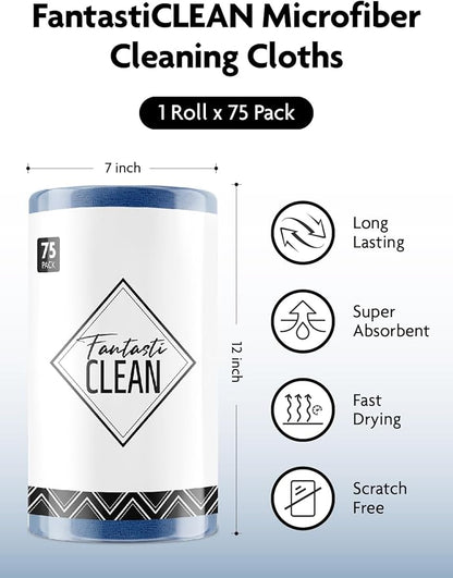 Fantasticlean Microfiber Cleaning Cloth Roll -75 Pack, Tear Away Microfiber Towels, 12" x 12", Reusable, Washable, Scratch Free, Ultra Absorbent Dish Rags for Car, Home, Garage or Shop (Navy Blue)