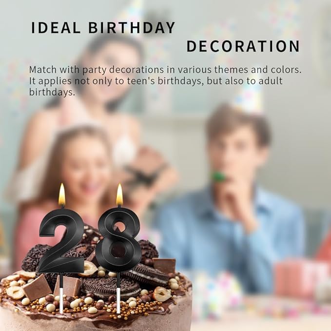 28th Birthday Candles 28 Candles for 28th Birthday Decorations for Boys Happy 28 Birthday Cake Topper Black Birthday Candles Black Number Candles (28)