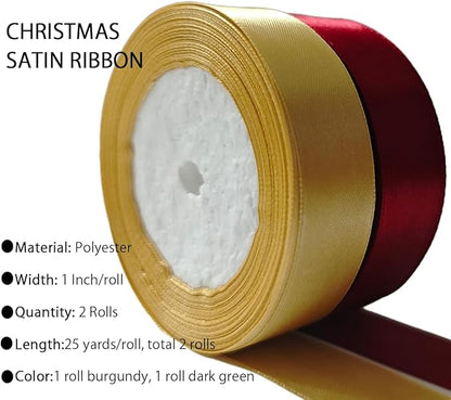 Gold Christmas Ribbon, Gold Burgundy Satin Ribbon 1 Inch 50 Yards Fabric Ribbons for Christmas Party Decorations, Gift Wrapping, Tree Ornaments, Bouquets, Door Wreaths, Bows Making and DIY Crafts