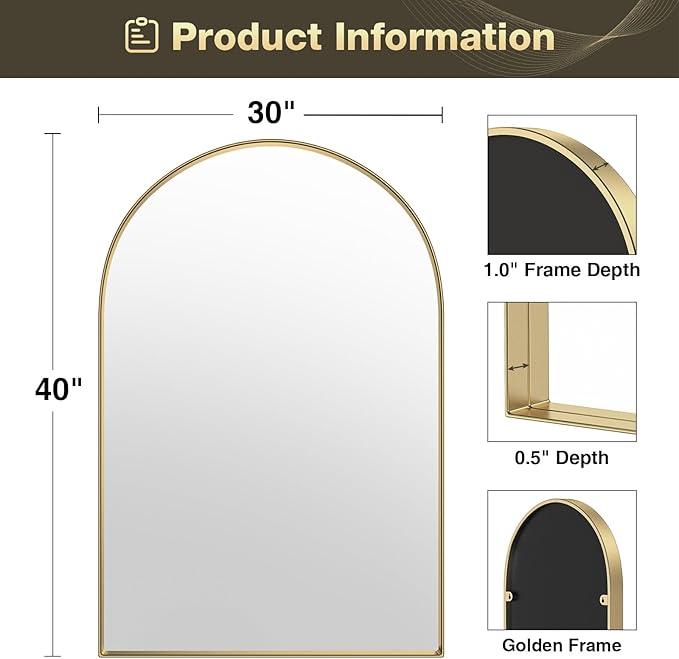 Brightify Arched Mirror, 30 x 40 Inch Gold Arch Mirror, Metal Frame Wall Mirror, Top Bathroom Vanity Mirror for Living Room Bedroom Mantle