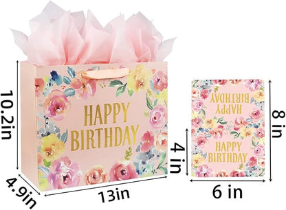 13" Large Happy Birthday Gift Bag with Card and Tissue Papers, Handles Floral Design for Women Girls Birthday Party (13" Pink)