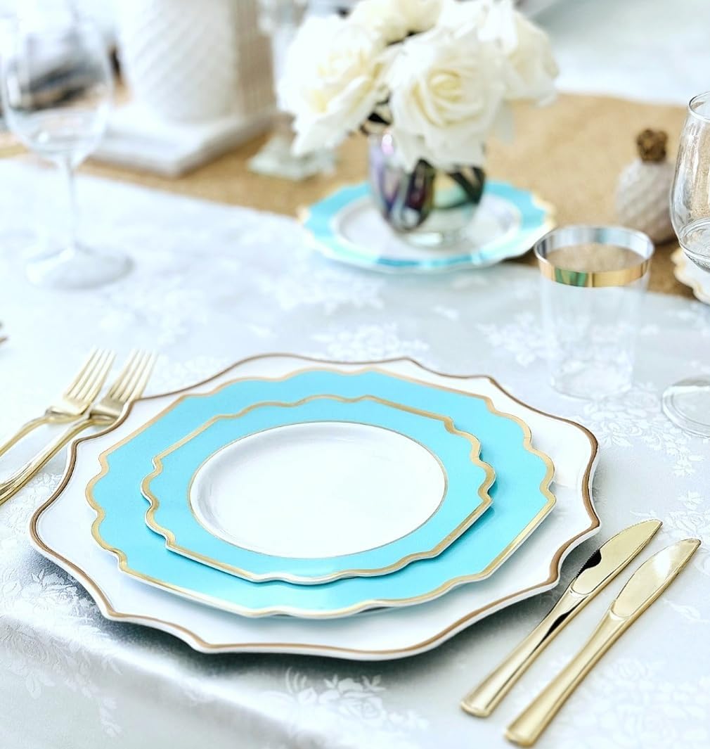 " OCCASIONS " 80 Plates Pack,(40 Guests) Heavyweight Premium Wedding Party Disposable Plastic Plates Set -40 x 10.5'' Dinner + 40 x 8'' Salad/Dessert (Imperial Aqua & Silver)