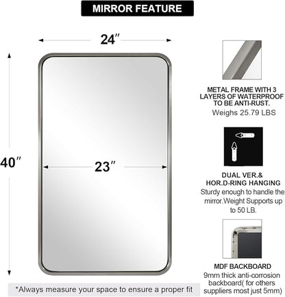 ANDY STAR 24x40'' Bathroom Mirror for Wall, Brushed Nickel Rounded Rectangle Mirror for Vanity in Stainless Steel Tube Metal Frame Antirust Wall-Mounted Horizontal or Vertical