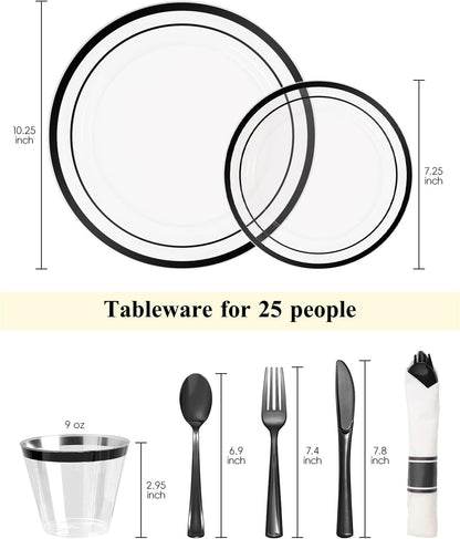 Goodluck 175 Piece Black Plastic Plates, Clear Plastic Silverware Disposable Plates Set, Include 50Plates, 25Pack Pre Rolled Napkins with Silverware, 25Cups for Party, Wedding, Graduation