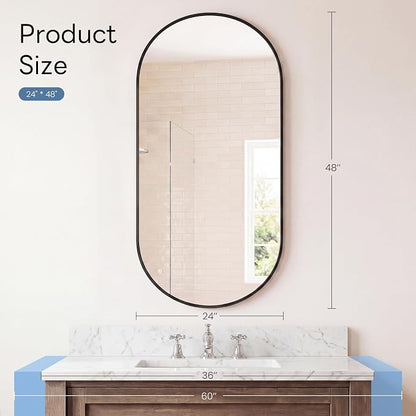 Sweetcrispy 24" x 48" Black Bathroom Mirror for Wall, Oval Walls Mirror with Metal Frame, Tempered Glass, Modern Vanity Mirrors for Over Sink, Living Room, Bedroom, Entryway, Horizontal or Vertical