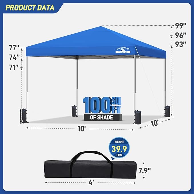10x10ft Pop Up Canopy Tent - Instant Shelter, Easy Outdoor Sun Shade for Events, Parties, Camping, Portable Outdoor Canopies, Silver Coated Top UPF 50+, 4 Weight Bags - Blue