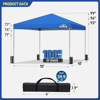 10x10ft Pop Up Canopy Tent - Instant Shelter, Easy Outdoor Sun Shade for Events, Parties, Camping, Portable Outdoor Canopies, Silver Coated Top UPF 50+, 4 Weight Bags - Blue