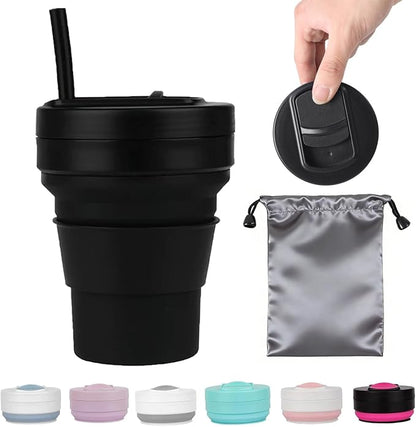 12 Oz Silicone Collapsible Travel Cup with Bag,Portable Silicone Water Bottle for Hot and Cold Beverages, Reusable Folding Drinking Cup with Lids 350ml for Outdoor Camp Hiking Travel with Straw -Black