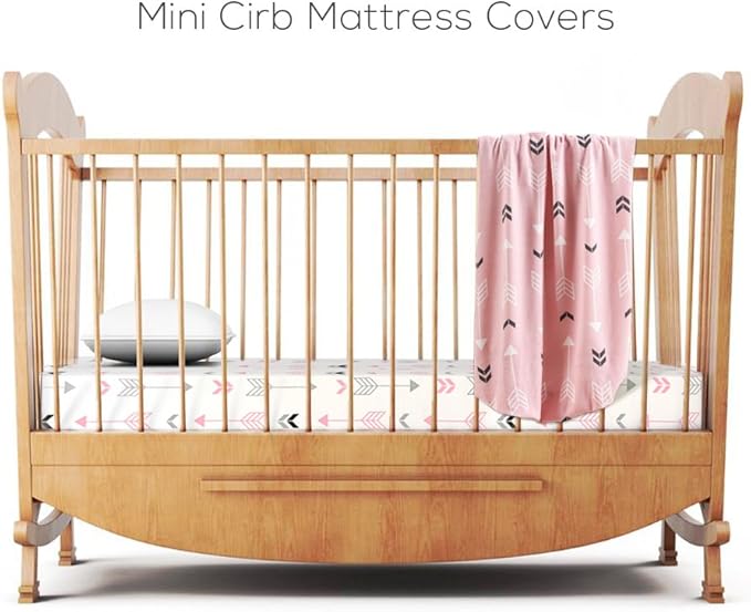 Stretchy Fitted Pack n Play Playard Sheet Set BROLEX 2 Pack Portable Mini Crib Sheets,Convertible Playard Mattress Cover,Ultra Soft Material,Pink White Arrow