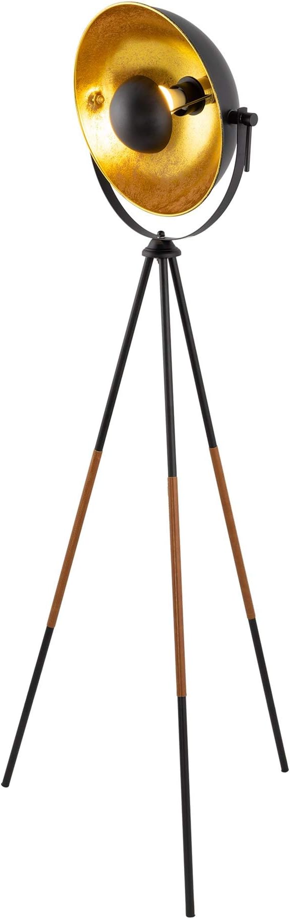 Kira Home Sulis 58" Modern Tripod Floor Lamp with Gold Foil Satellite Shade, Mid-Century Industrial Cinema Light with 9W LED Bulb and Leather Accents Legs, Black Finish