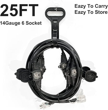 25Ft Power Extension Cord 3 Prong, 12 Gauge SJTW 5-15R Cable Male Plug to Female Connector,7 Outlets Multiple Evenly-Spaced Plug,Suitable for Stage Setting or Outdoor,UL Certified Outlet Cable