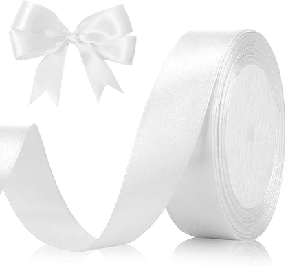 White Ribbons for Christmas Tree, 1 Inch 25 Yards White Satin Ribbons for Gift Wrapping, Hair Ribbon Easter Ribbon Perfect for Wedding Decor Floral Bouquets Valentine Gifts