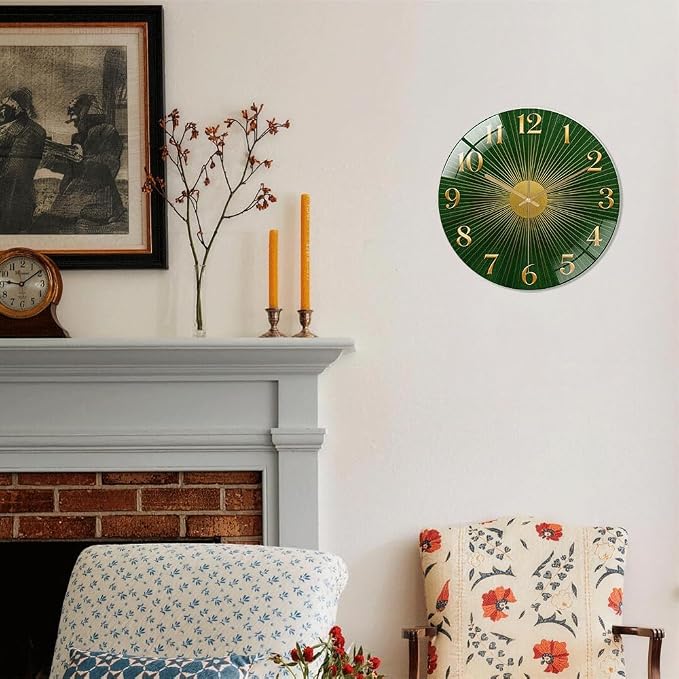 12 Inch Green Sunburst Glass Wall Clock Silent Art Decor | Silent glossy clock with an emerald green sunburst and gold numbers, elegantly tracking time for your living room
