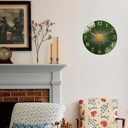12 Inch Green Sunburst Glass Wall Clock Silent Art Decor | Silent glossy clock with an emerald green sunburst and gold numbers, elegantly tracking time for your living room