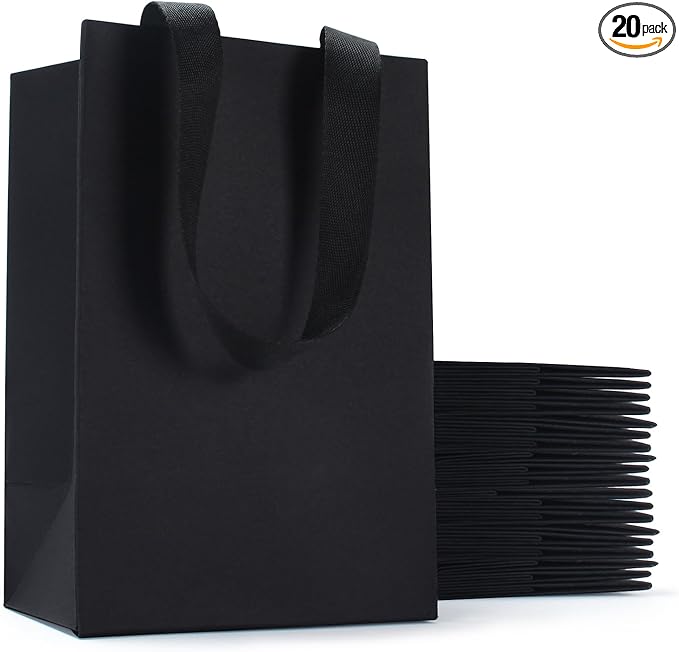 Black Kraft Paper Gift Bags - 20Pcs 5.25"x3.75"x8" With Ribbon Handles for Wedding, Party, Birthday, Retail