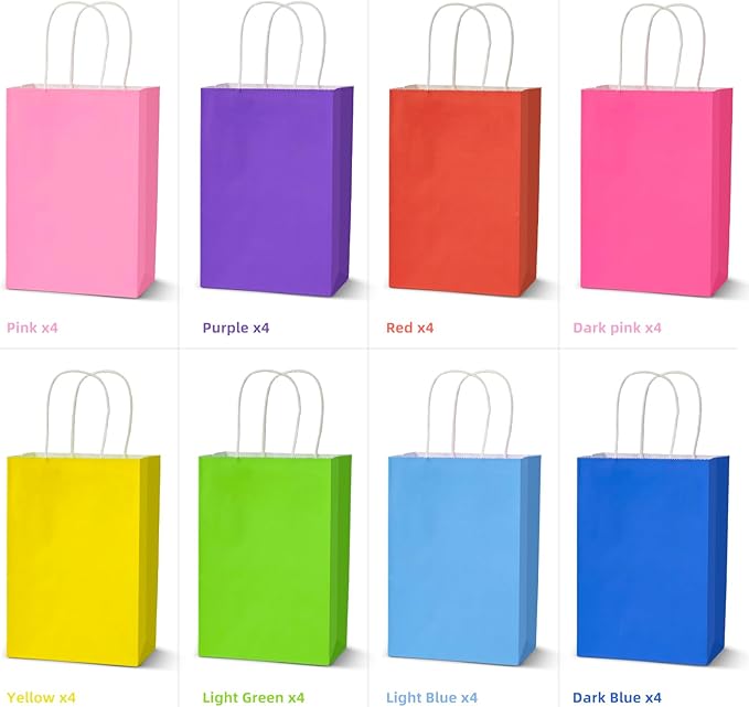 Klean & Conwenice 32Pcs Paper Gift Bags with Handles5.25x7.9x3.15'', 8 colors,Small Size ,Kraft Paper Party Favor Bags ,Rainbow Goodie Bags For Christmas Halloween Kids Birthday Party Baby Shower Party Supplies