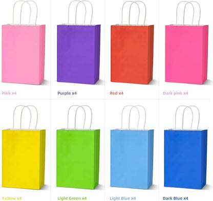 Klean & Conwenice 32Pcs Paper Gift Bags with Handles5.25x7.9x3.15'', 8 colors,Small Size ,Kraft Paper Party Favor Bags ,Rainbow Goodie Bags For Christmas Halloween Kids Birthday Party Baby Shower Party Supplies