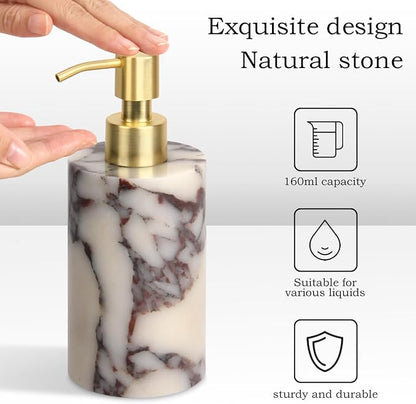 Natural Marble Soap Dispenser for Bathroom and Kitchen Countertop - 5.41 Ounces Hand Lotion and Liquid Stone Shampoo Laundry Bottle with Pump (1, Calacatta Viola, Cylindrical Bottle)
