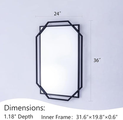 Black Bathroom Mirror, 36" x 24" Mirror Wall Decor with Modern Art Octagonal Metal Frame, for Living Room, Bedroom, Dining Room, Entryway