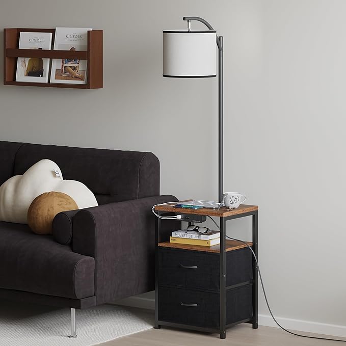 SUNMORY Floor Lamp with Table & 2 Drawers, Lamp with USB Port and Outlet, Nightstand with 3 Color Temperature Led Bulb Included, Floor Lamps for Living Room, Bedroom and Home Office, Rustic Brown