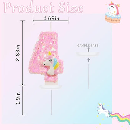 Birthday Candles - Number 4 Candle, 4th Birthday Decorations Girl, Pink Unicorn Candles for Cake Topper, Cartoon Theme Party Supplies