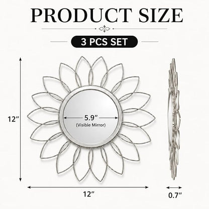 Silver Flower Mirror Set of 3, 3PCS Metal Round Decorative Wall Mirrors, Floral Petal Accent Mirror Wall Decor for Bathroom, Living Room, Bedroom & Entryway