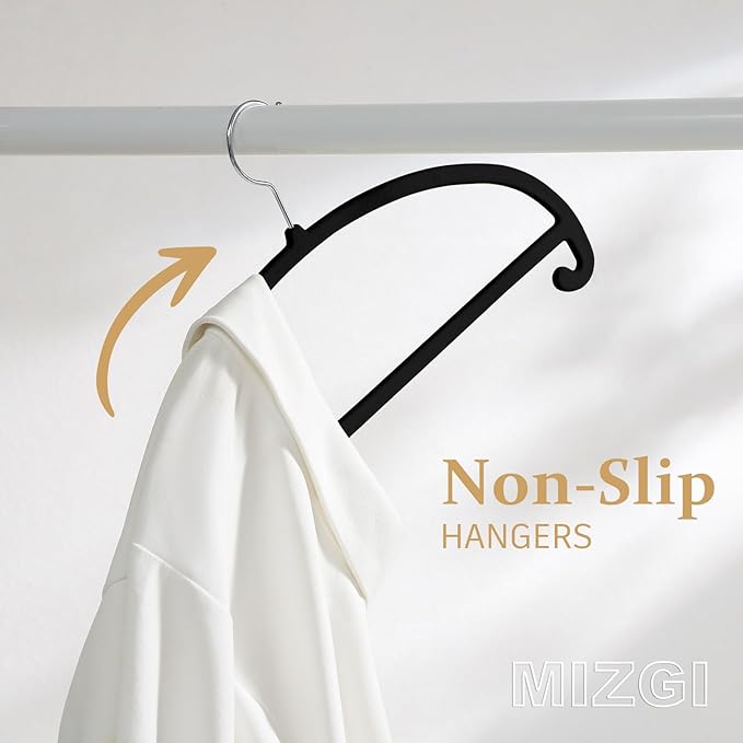 MIZGI 50 Pack Black Velvet Hangers - No Shoulder Bumps, Heavy Duty Non-Slip Chrome Hooks for Jackets, Coats, Pants
