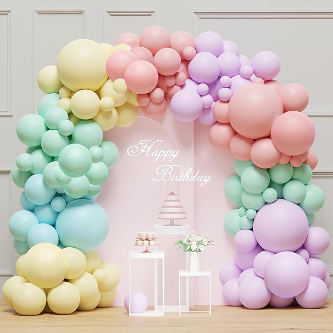 Pastel Balloon Arch Garland Kit - 131Pcs Rainbow Balloon Arch Kit - Birthday Balloons, Macaron Pink Yellow Blue Purple Balloons for First Birthday Baby Shower Wedding Party Decorations
