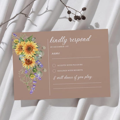 Preprinted Purple and Yellow Sunflower Wedding or Party RSVP Cards, Personalized Response Card Glossy Finish With White Envelopes, Set of 15 with Envelope, 5x3.5 inch Cards (Brown)