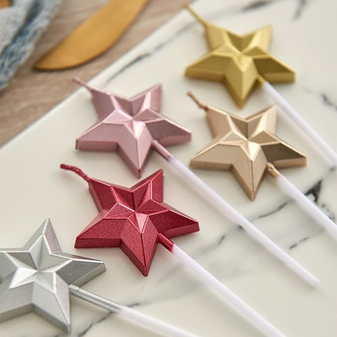 Saododku Birthday Candles, Star Shaped Birthday Candles for Cake, 5pcs Sparkler Candles for Birthday Cake, Metallic Multi-Colored Stereo Shaping Cake Candles Set