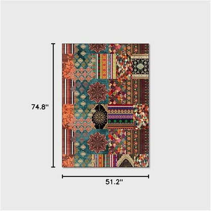 Vintage Boho Area Rugs Multicolor Ethnic Style Geometric Splicing Carpets Bedroom Living Room Kitchen Floor Mats Indoor Outdoor Non-Shedding Runner Rug Home Décor Carpet 4.2' X 6.2'