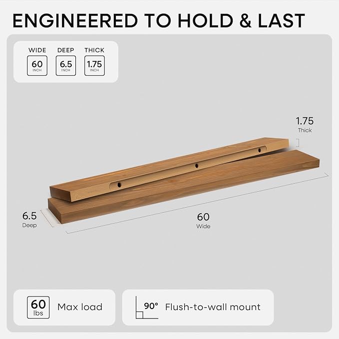 Homeforia 60 inch Golden Oak Floating Shelf, High End Solid Real Wood 60inch Small Floating Shelves for Wall Mounted, Oak Wooden 60in Floating Shelves, Heavy Duty Bracket, 60 X 6.5 X 1.75 in, Set of 3