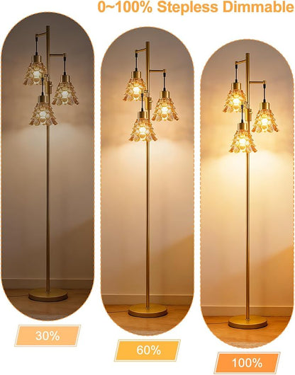 Lightdot 67" Glass Floor Lamps for Living Room, 3-Light Dimmable Floor Lamp with Amber Glass Shade& Bulbs Included, Mid Century Standing Tall Lamp with 5Lbs Heavy Base for Bedroom/Sofa Beside-Gold