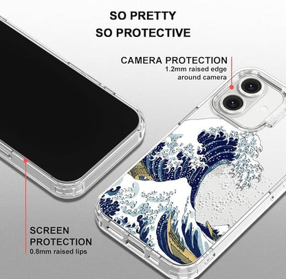 MOSNOVO Case for iPhone 16 Plus, [Buffertech 6.6ft Military-Grade Drop Protection] [Anti Peel Off Tech] Clear TPU Bumper Phone Case Cover Design - Great Wave