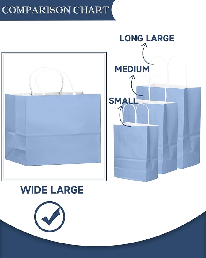 qiqee 24PCS Large Gift Bag with Handles Bulk 13"x4.5"x10" Gift Bags Light Blue Bags Multiple Uses (32x11x25cm,Wide Large)