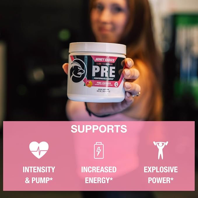 Honey Badger Pre Workout Powder, Keto Vegan Preworkout for Men & Women, Beta Alanine & Caffeine, Sugar Free Natural Energy Supplement, Pink Lemonade, 30 Servings