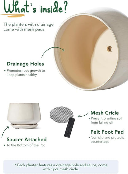 LE TAUCI Ceramic Planter, 10 Inch Plant Pot with Drainage Hole & Saucer – Durable Indoor Planter for Modern Home Decor, Reactive Glaze Beige