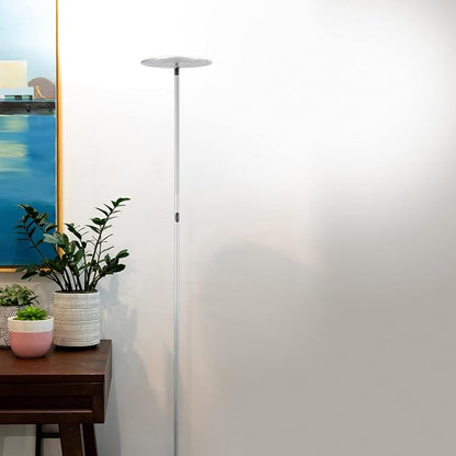 Brightech Sky LED Floor lamp, Torchiere Super Bright Floor Lamp for Living Room Decor & Office - Dimmable, Tall Standing Torch Lamp with Warm Light for Bedroom & Reading - Platinum Silver