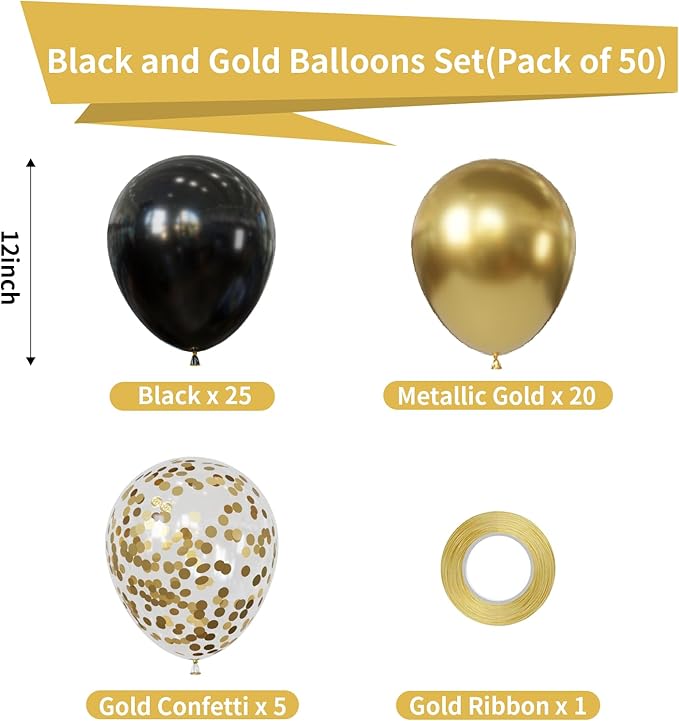Black and Metallic Gold Balloons Set, 50PCS 12 Inch Black and Gold Confetti Balloons Party Decorations for Birthday, Graduation, New Years, Wedding, Engagement Party Decorations