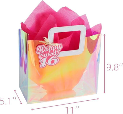 11'' Medium Sweet 16 Birthday Gift Bag with Tissue Paper and Gift Tag for Girls 16th Birthday