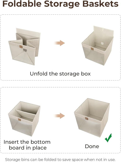 StorageWorks 13x13 Storage Cubes, Closet Storage Bins with Clear Window, Large Fabric Organizer for Clothes, Collapsible Storage Baskets with PU Handles, Brown and Beige, 3-Pack