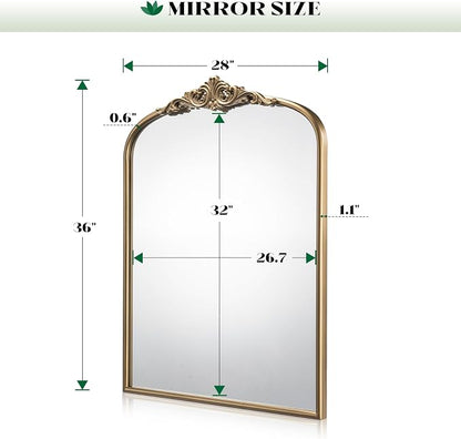 Arched Antique Gold Wall Mirror, 28"x36" Vintage Bathroom Mirror Over Sink, Ornate Arched Brass Wall Mirror for Fireplace, Living Room, Entryway, Bedroom, Hanging or Leaning