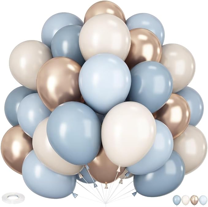 HILAVO Dusty Blue and Gold Balloons, 60 PCS 12 Inch Slate Fog Pastel Baby Blue Sand White and Gold Balloons for Baby Boy Shower Bridal Shower Birthday Wedding Party Decorations