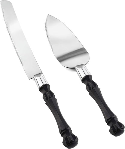 Homi styles Black Cake Knife and Server Set, Cake Cutter and Pie Spatula, Cake Server and Knife Set of 2 with Non-Slip Swirl Grip, Matte Black Cake Cutting Set for Wedding Cake, Birthdays, and Parties