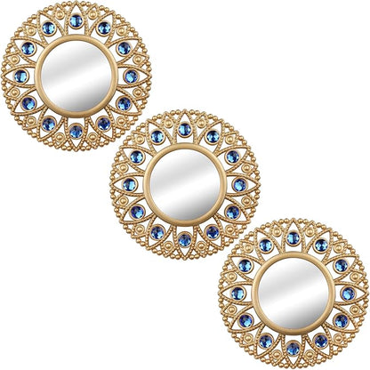 DXYAKY Gold Round Decorative Wall Mirrors Set of 3, Lightweight Plastic Framed Mirrors with Blue Crystal Accents, 9.8 Inch Vintage Boho Wall Decor for Livingroom, Bedroom, Entryway