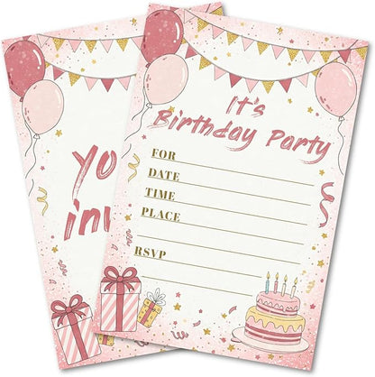 Sweet Birthday Invitations for Girl Teens Kids, 25 Pcs 4x6 Pink Gold Party Card Kit with Balloons, Bunting, Presents & Cakes - Sweet Colorful Childlike