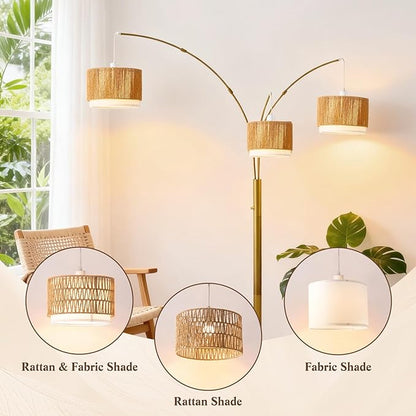 Gold Arc Floor Lamp for Living Room, Mid Century Floor Lamp with Stepless Dimmable Switch, Boho Standing Lamp with Wicker&Fabric Shade, Rattan Tall Lamp for Bedroom Over Couch Reading