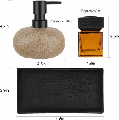 Bathroom Countertop Soap Dispensers Set, 300ml Ceramic Soap Dispenser with Amber Glass Bottle & Black Tray, Brown Ceramic Hand Soap Dispenser for Kitchen and Bathroom Counter